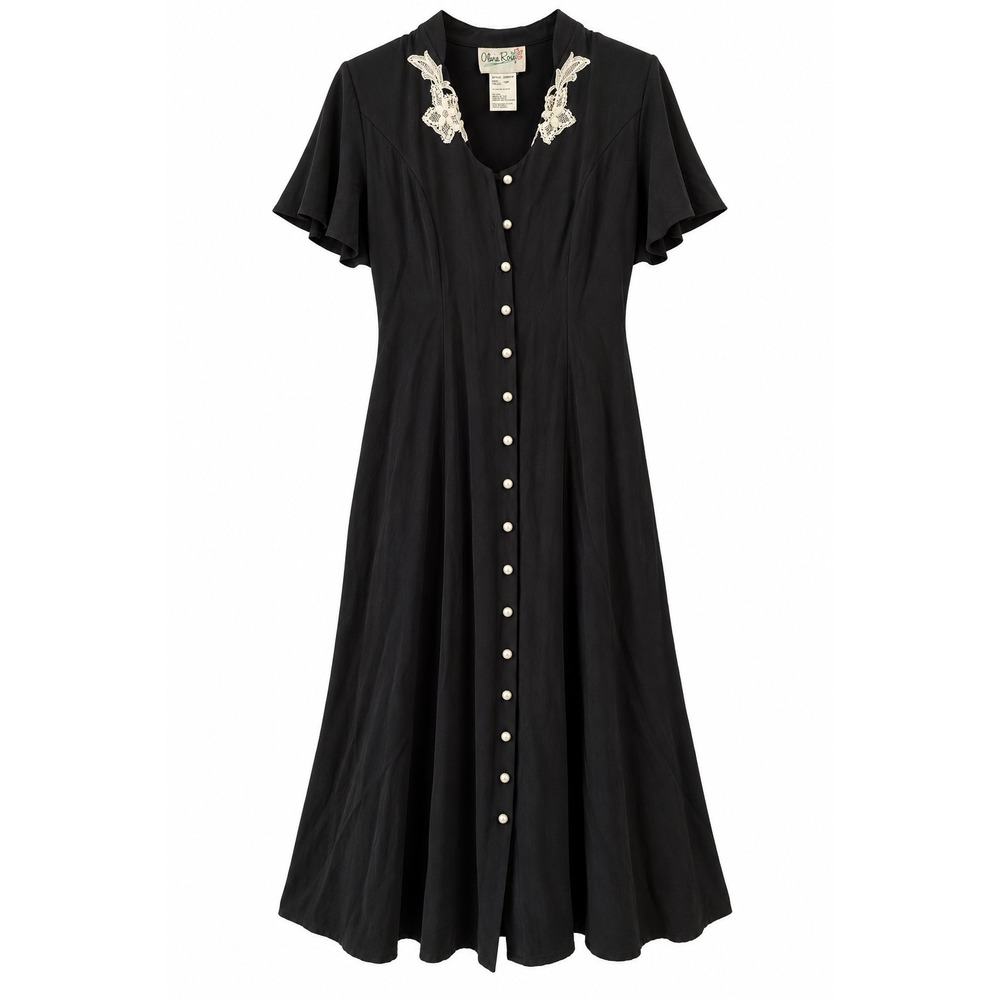 Vintage Olivia Rose Black Maxi Dress 12P Pearl Buttons Lace Collar Corset Back